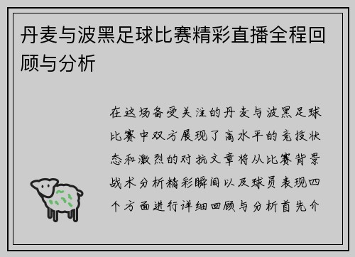 丹麦与波黑足球比赛精彩直播全程回顾与分析